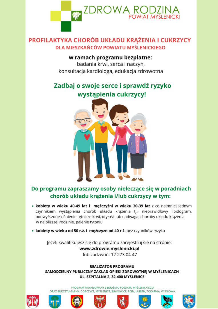 plakat z członkami rodzin zachęcający do wzięcia udziału w badaniach serca i ryzyka cukrzycy. Inromacje dostępne na stronie internetowej www.zdrowie.myslenicki.pl