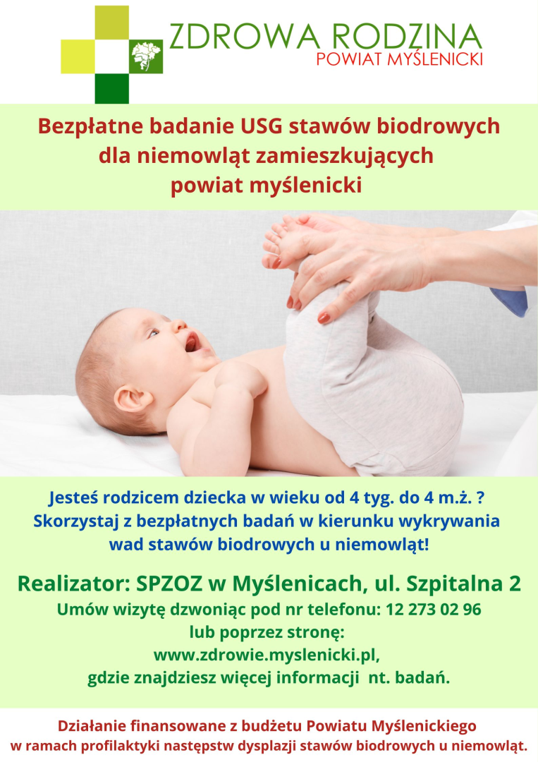 plakat zachęcający do skorzystania z bezpłatnych badań USG stawów biodrowych dla niemowląt 