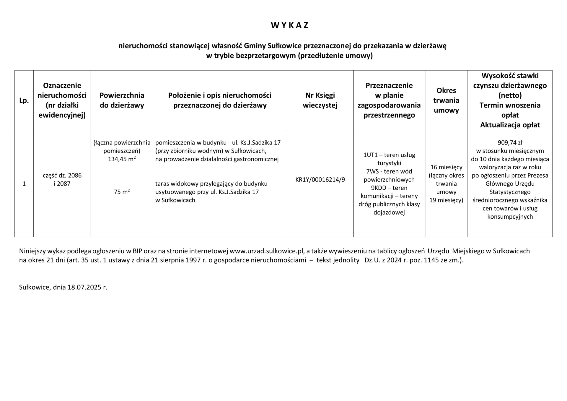 Wykaz nieruchomości stanowiącej własność Gminy Sułkowice przeznaczonej do przekazania w dzierżawę  w trybie bezprzetargowym (przedłużenie umowy)