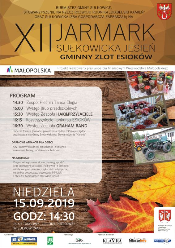 Plakat XII Sułkowicka Jesień Plakat z programem wydarzenia, zdjęcie regionalnych potraw, esioki, sponsorzy, patronat