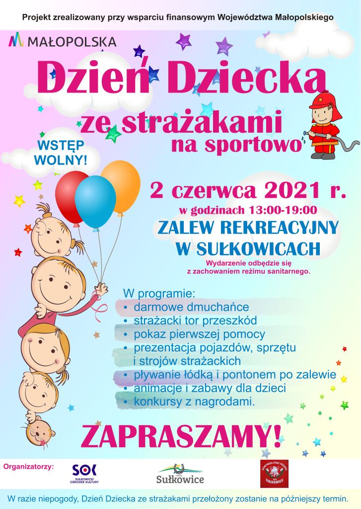 Dzień dziecka ze strażakami na sportowo plakat wydarzenia