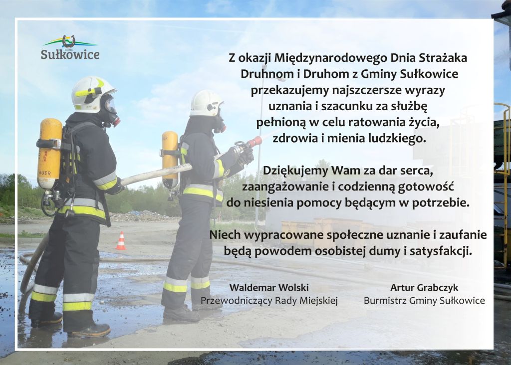 strażacy gaszą pożar, grafika z życzeniami dla strażaków