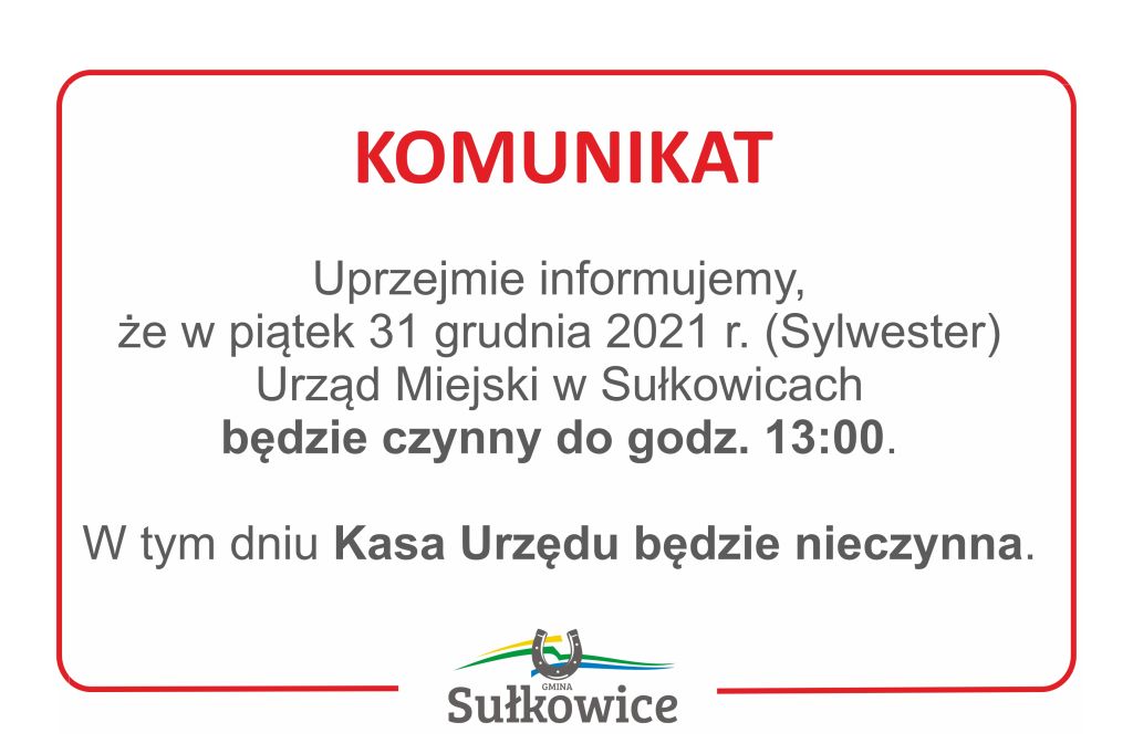 informacja o skróconym czasie pracy urzędu w Sylwestra