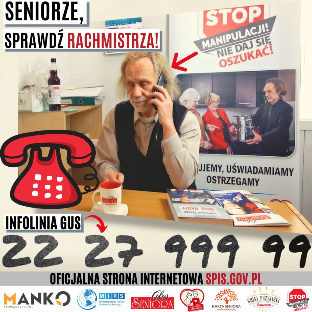 mężczyzna rozmawiający przez telefon grafika akcji Seniorze, sprawdź rachmistrza