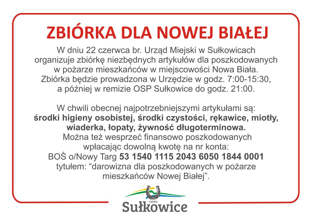 zbiórka artykułów dla poszkodowanych w pożarze w Nowej Białej grafika