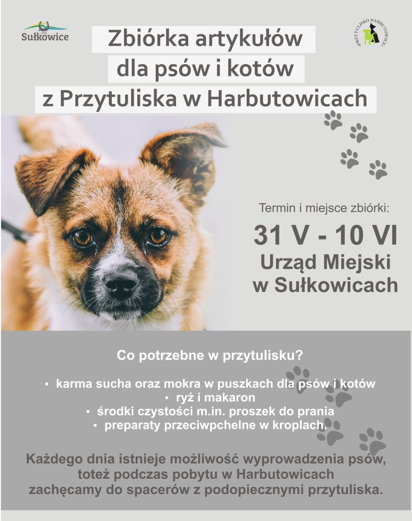 zbiórka artykułów dla psów i kotów z przytuliska w Harbutowicach - plakat
