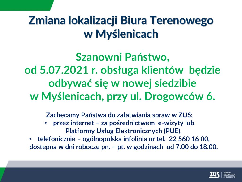 zmiana lokalizacji Biura terenowego ZUS w Myślenicach