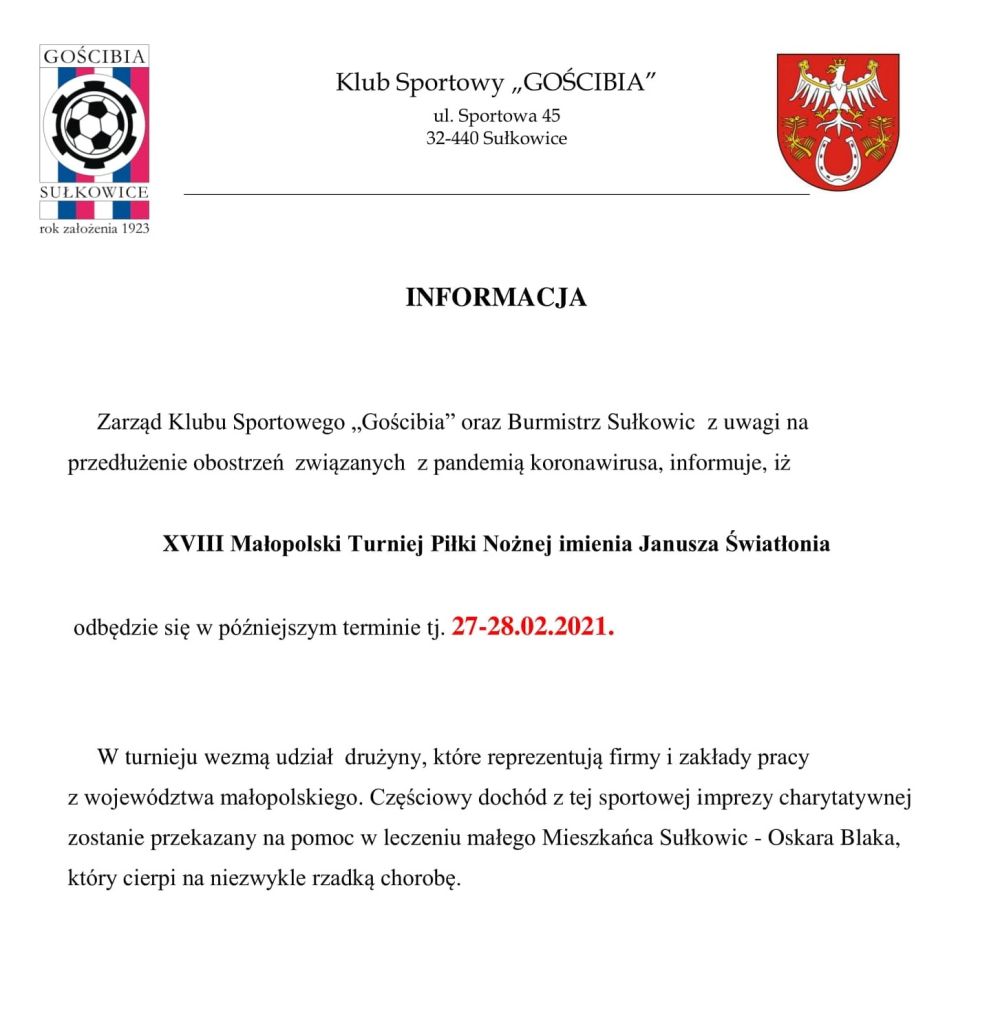 informacja dotycząca zmiany terminu turnieju charytatywnego