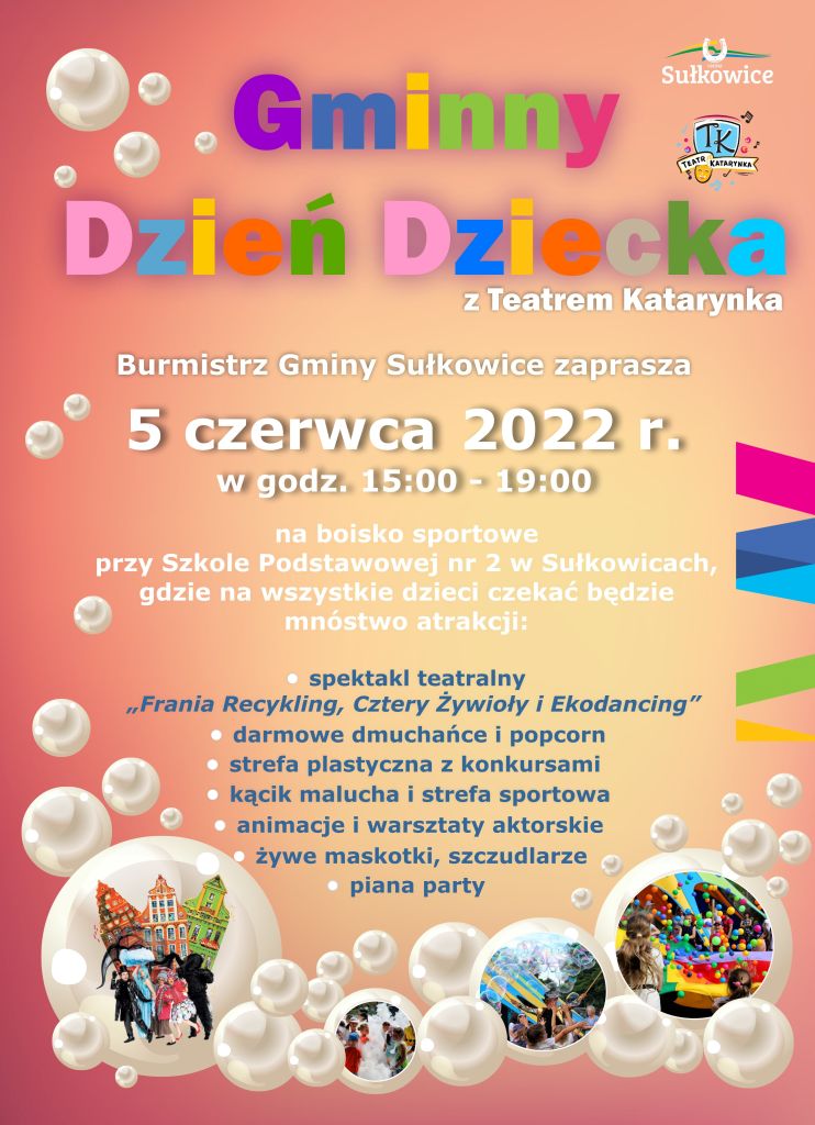 plakat zaproszenie na dzień dziecka, bańki mydlane ze zdjęciami towarzyszących atrakcji