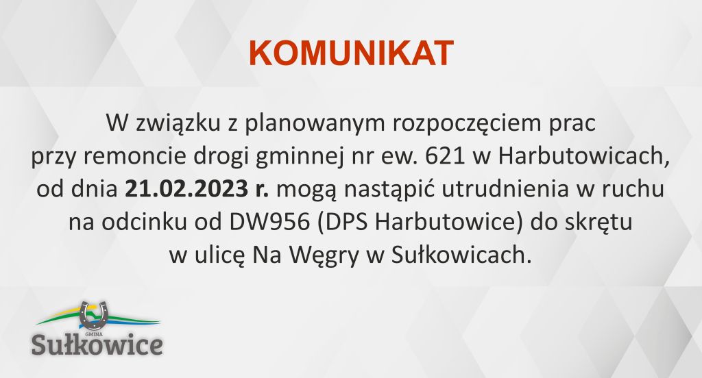 komunikat dotyczący utrudnień na drodze gminnej w Harbutowicach